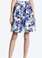 White House Black Market Skirt Blue White Floral Pleated, Sz 12