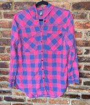 Fox Red Blue Plaid Long Sleeve Button Down Hoodie Shirt Women's Size Large