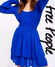 Womens XS Blue Much Ado Mini Dress Backless Long Poet Sleeve Concert