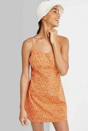 Sleeveless Floral Woven Bodycon Mini Dress Square Neck Cutout Orange