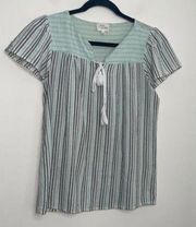 Ava James Mint and Grey Striped Cap Sleeve Babydoll Blouse Top Career Office