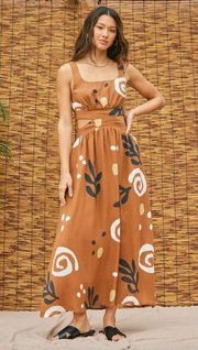 Illa Illa Brown Abstract Pattern Cut Out Midi Dress S