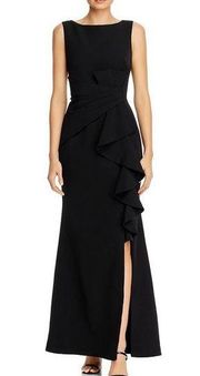 ELIZA J Black Sleeveless Cascading Ruffle Front Gown