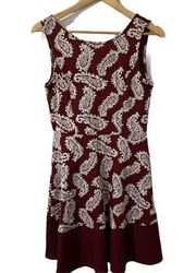 Doe & Rae Fit & Flare Dress Low Back Maroon Print Women's Size Medium