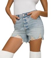 EUC Good American Bombshell Jean Shorts Blue649 Distressed Size 16