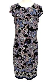 LIZ CLAIBORNE Dress Size 10 Shift Style Short Cap Sleeves Black Blue Paisley