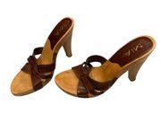 MIA Vintage Wood Stiletto Block Heeled Strappy Brown Leather Sandal, Sz 8