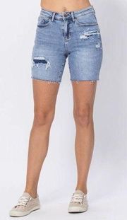 JUDY BLUE Denim Patch Mid Length Shorts