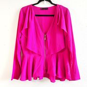 Fashion to Figure Blouse Hot Pink Ruffle Peplum V Neck Zip Front Sz 0X / XL EUC