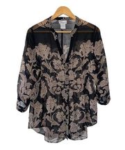 Soft Surroundings Won  Black Floral Button Up Semi Sheer Blouse Size M