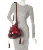 Burberry Belgrove Red Fringe Suede Leather Nova Check Bucket Bag Crossbody