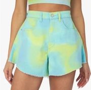 Weworewhat Shorts Flare Bell Denim Blue/Green Tie Dye 27