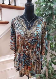 Ashley Stewart Womens Multi Floral V Neck Beaded Dolman Sleeve Top Blouse 14/16