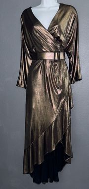 Bronze Gold Party Formal Evening Metallic Belted Dress Womens Large - XL 14 W