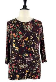 New York & Company Top Ruched Keyhole Neck Brown Yellow Floral Women’s Size XL