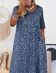 MISSLOOK Misslook navy blue white floral midi dress - Large / L