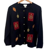 Vintage Womens Cardigan Sweater Large Knit Embroidered Leave Autumn Fall Black