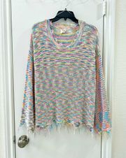 NWT  Distressed Hem Rainbow Pastel Bell Sleeve Knit Sweater- Size Small