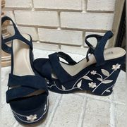 ZOEY Embroidered Floral Platform Wedge Ankle Buckle Strap Navy Blue Heel 9.5