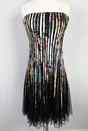 Papillon Black Abstract Graphic Black Mesh Tulle Knee Length Strapless Dress