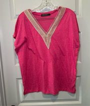 Merokeety Pink V Neck Short Sleeve Lace Trim Accent L