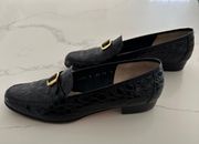 Croc Embossed Leather Loafer in Black with Gold Size 10B