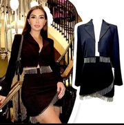 $298  1960 Black Blazer & Skirt Set -Rhinestone Fringe swift med