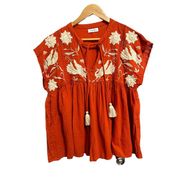 THML orange embroidered babydoll blouse size Large