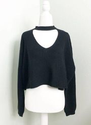 Olivaceous Choker Neck Oversized Cropped Cable Knit Sweater Black