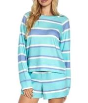 Turquoise Blue White Striped Sweatshirt + Shorts Loungewear Set XL NWT