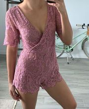 Pink Lace Tie Back Deep V Shorts Romper / Size S