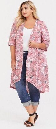 Torrid Kimono Hi-Low Duster Sweater Red Rose Floral Print Plus Size 2X