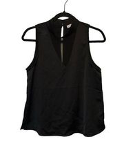 Socialite Black Mockneck Sheer V Neck Satin Sleeveless Blouse