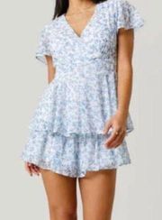 Blue Rain Floral Tiered Skirt Romper Women's Large