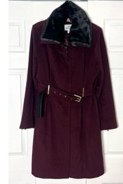 Belle Badgley Mischka Burgundy Wine Black Faux Fur Collar Wool Coat Size Large