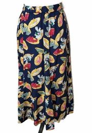 Vintage Susan Bristol Straw Hat Novelty Print Midi Skirt Navy Blue Size 8 USA