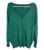 JM Collection V Neck Sweater Green Long Sleeve Gold Buttons Stretch Women Size M