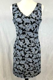 100% silk black and blue floral print sheath dress size 4