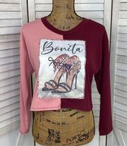 Love J Ribbed Embellished Bonita Crop T-shirt Color Block Maroon Pink Large