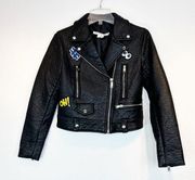 Veronica Beard RARE Faux Black Leather Moto Jacket with Patches Size 0 Excellent