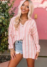 Fate Sun Dial Button Up Striped Shirt White, Pink, Orange Size S