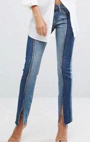 two-tone split hem mid rise jeans