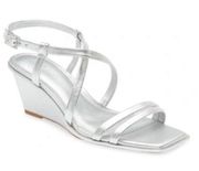 Caslon Sandals Womens Size 9.5 Silver Leather Paola Open Square Toe Wedges