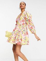Y.A.S cotton mini dress with exaggerated sleeves in bright floral