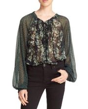 Free People  Hendrix Sheer Peasant Top Green Floral Tassel Tie XS