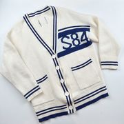 Sandro Vanille S84 Varsity Style Cardigan Ivory Blue Sweater 3 Large Academia
