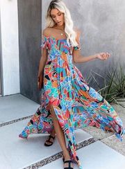 Aakaa Off Shoulder Smocked Floral Beach Maxi Dress