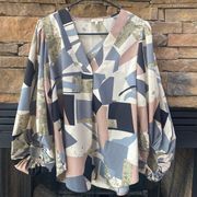 Jodifl size S NWOT abstract print top puff sleeves v-neck flowy boho top blouse