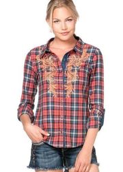 Miss Me Embroidered Plaid LS Top