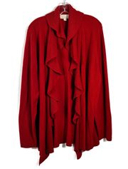 Red Waterfall Ruffle Open Front Long Sleeve Knit Cardigan Sweater